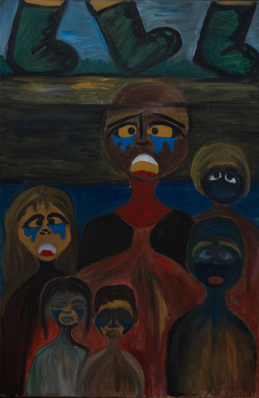 A painting of a group of people crying.