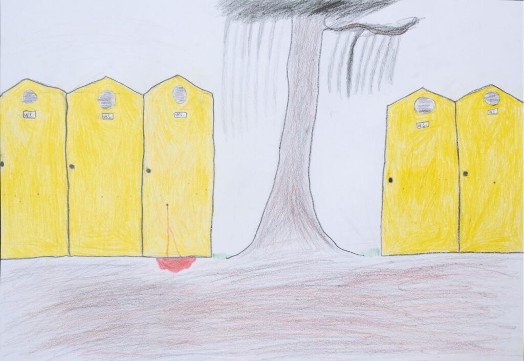 Painting of five yellow toilet blocks. Three are located to the left and two to the right of a tree. One door has a bullet hole. Blood is running out from under the door. This suggests that a person who was inside was shot.