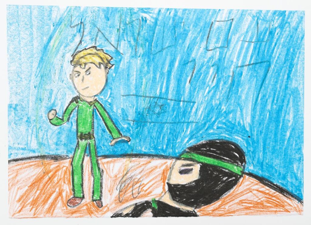 Pencil landscape drawing. In the foreground of the painting is a terrorist wearing a black uniform and a green band on his forehead. Part of his body is lying on the ground. Next to him stands a figure in a green uniform looking down at him with a raised fist. The background is a blue sky with the inscription “Am Yisrael Chai” written in pencil. Below the address is a registration of the Israeli flag.