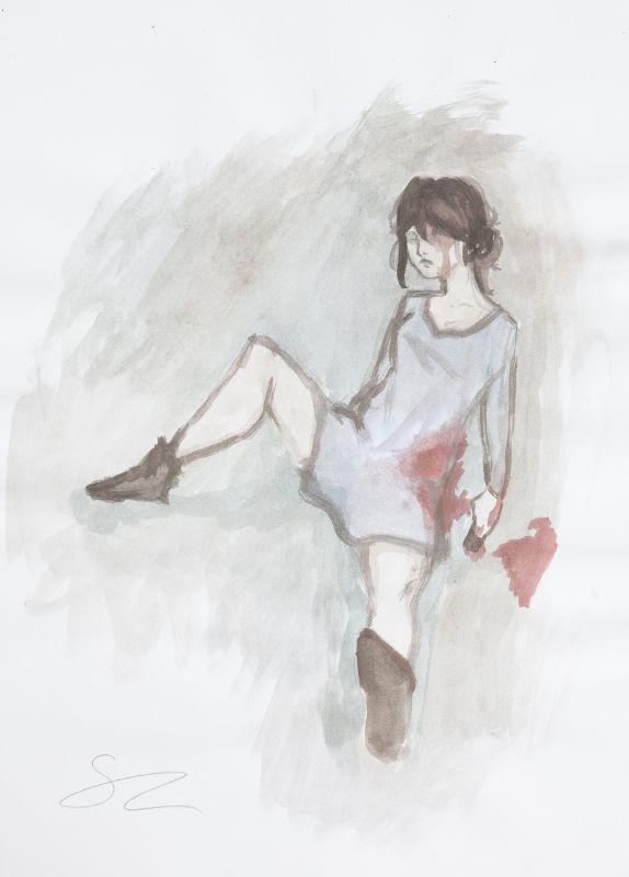 Watercolor portrait drawing of a seated girl with simple legs. She has ankle boots on her feet and wears a short dress. There are bloodstains on and around her waist. Her hair is black, parted and a light trickle of blood also runs down her eyes and cheeks.