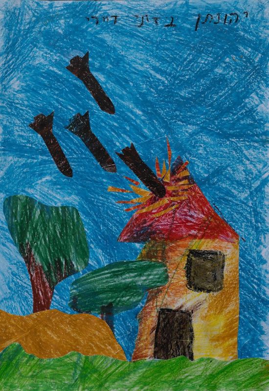 A very colorful longitudinal collage of office cutouts painted in thin pastel colors. Most of the background is blue sky made of stormy patches of color. Below is green grass, behind it a small hill in light brown. Behind her on the left side are two tall green trees. Next to it is a large house with a black window and door, above it 4 black rockets fall diagonally from the sky. One of the rockets hits the roof and flames rise from the point of impact. You can see that the house is broken on one side.