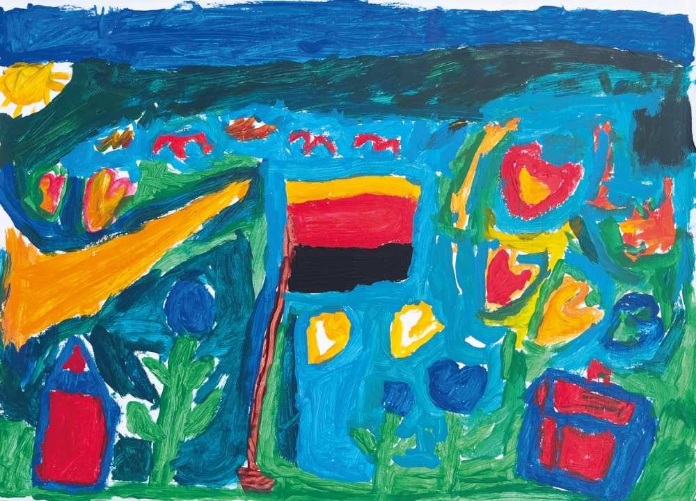 A colorful painting with many different elements. It depicts various plants in the colors blue, red, yellow, and green. In the foreground, a building, a suitcase, or a box is drawn in red and blue. The sky is dark blue, and the sun is shining. In the center is a flagpole with a german flag flying.