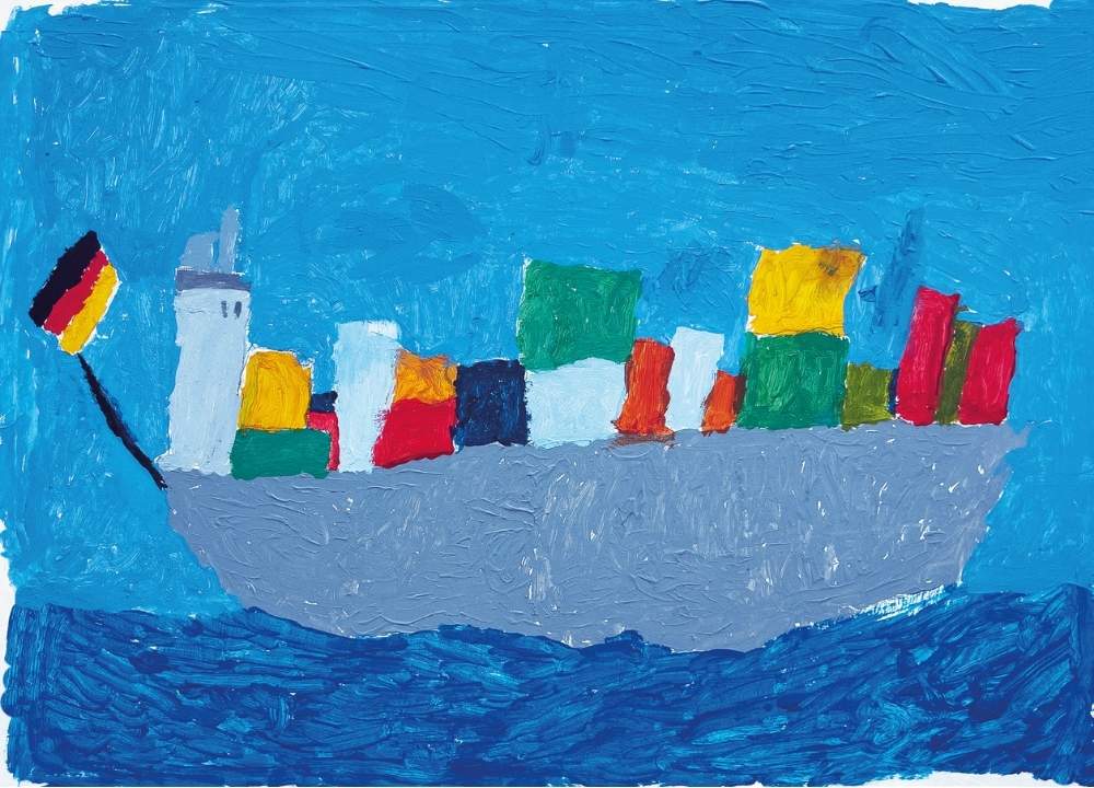 A large ship at sea during rough seas. It is loaded with many containers of various colors. A tower and the captain’s cabin are depicted at the front of the ship. In front of it, a german flag is hoisted on a mast, fluttering in the wind.