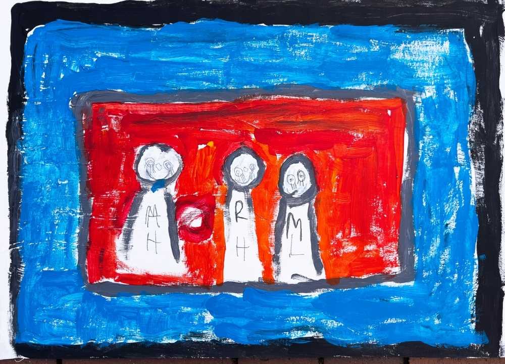 The image has a black border or frame. Within it is another blue frame. Inside it is a red square with three people sketched. On each of the people’s bodies are two letters: MH, RH, and ML. The people have smiles on their faces.