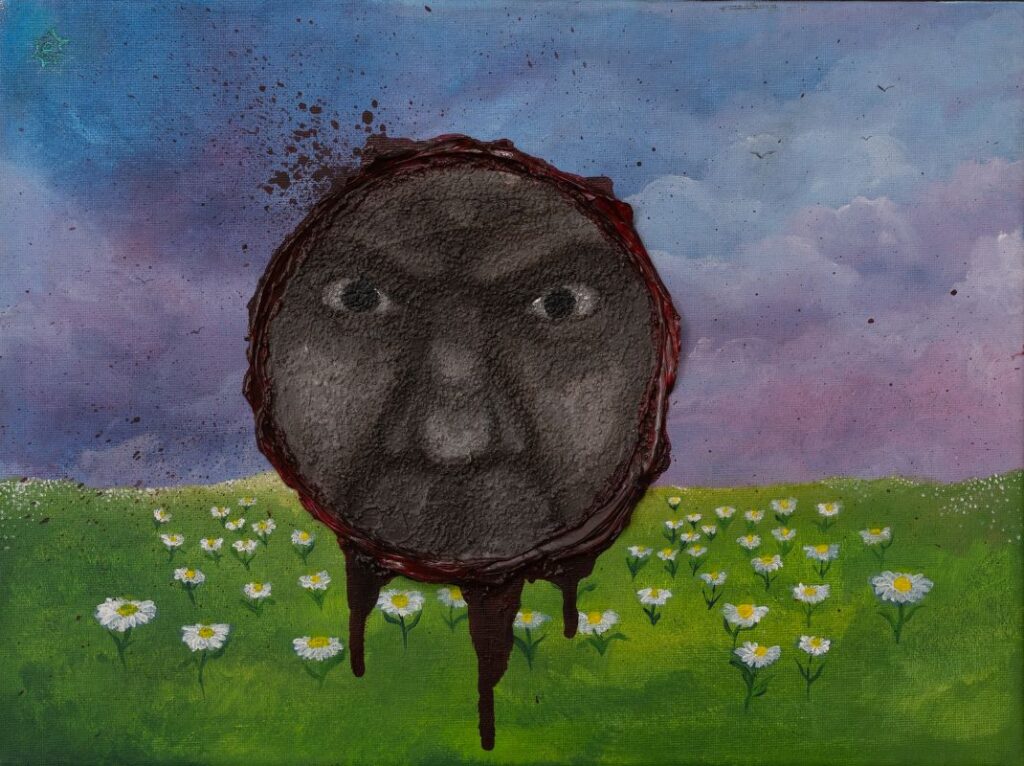 A painting of a face on a field of flowers.