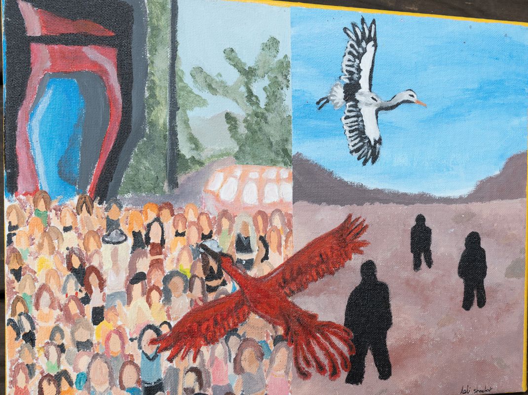 A painting of people and birds.