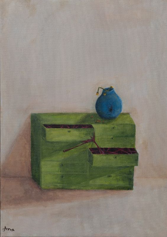 A painting of a green chest of drawers with a blue vase on top.