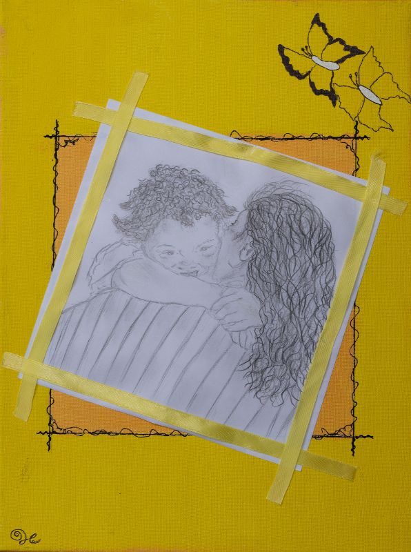 A drawing of a woman hugging a child.