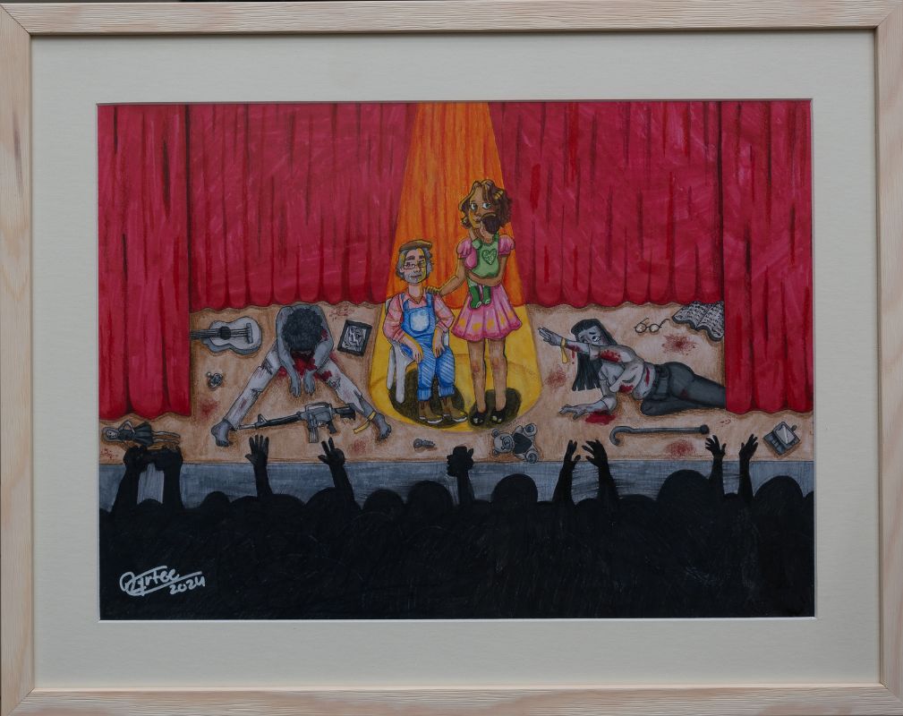 A painting of people on a stage.