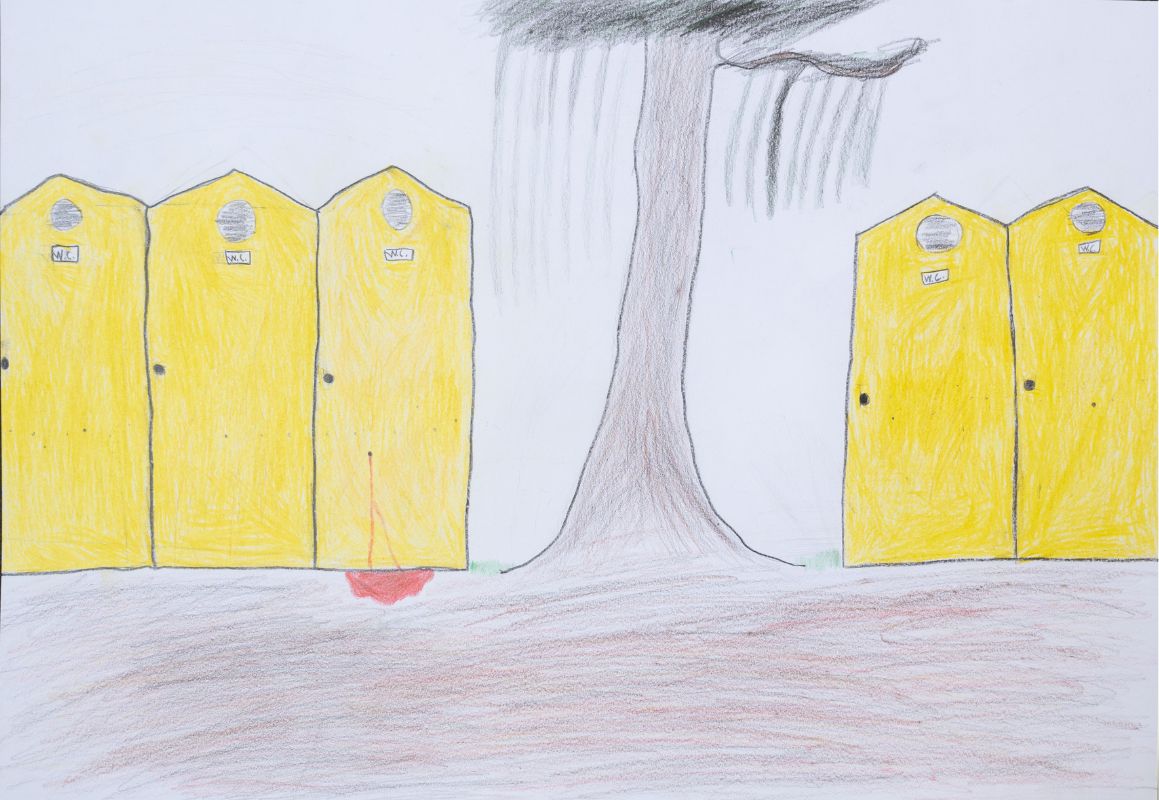 Painting of five yellow toilet blocks. Three are located to the left and two to the right of a tree. One door has a bullet hole. Blood is running out from under the door. This suggests that a person who was inside was shot - go to detail page.