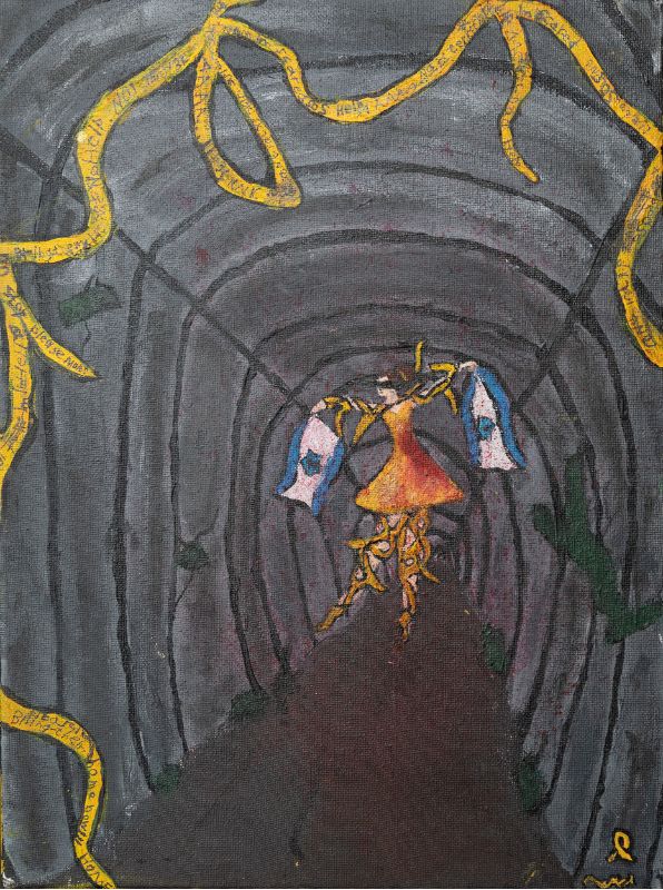 Painting with a dark, tunnel-like background, in the center of which a central figure floats. The figure wears a bright orange dress and appears to be wrapped with yellow roots or ribbons on her arms and legs. She holds an Israeli flag in each of her raised arms. Yellow ribbons with text can be seen in the foreground. The image is symbolic and dramatic—a mixture of hope, resistance, and national identity - go to detail page.