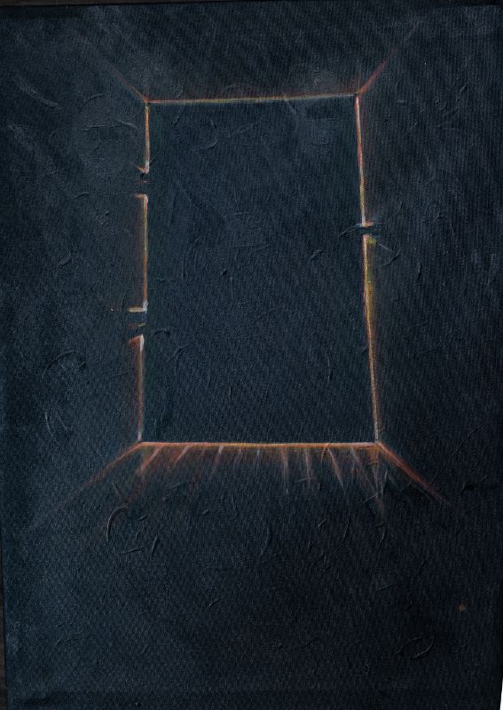A dark, textured painting with a stylized, rectangular doorframe at the center. The door allows rays of light in warm orange and yellow tones to penetrate inside. The surrounding black appears deep and almost completely absorbing, making the light particularly stand out. The composition conveys an atmosphere like a glimpse into the unknown from the perspective of a basement - go to detail page.