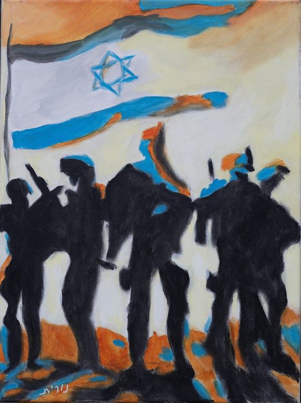 Painting depicting the silhouettes of five armed soldiers in front of a waving Israeli flag. The scene is stylized with strong contrasts and dominant colors of orange, blue, and black. The Star of David in the center of the flag is clearly visible. The overall composition feels expressive and symbolic - go to detail page.