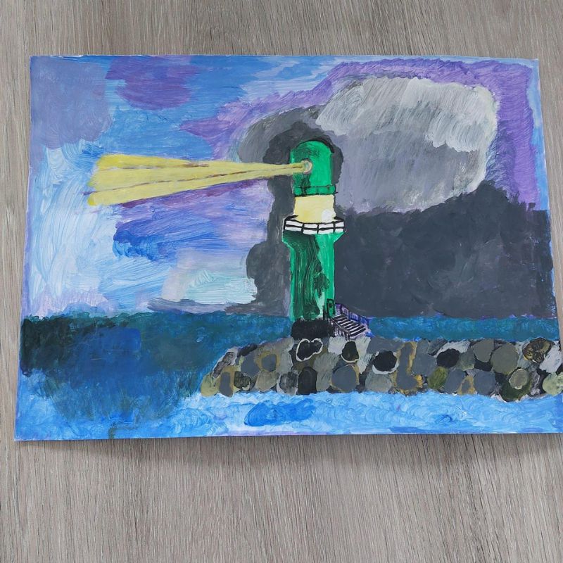 A painting of a green lighthouse on a black rock.